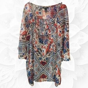 Style & Co. Colorful Flowy Semi-Sheer Tunic W/Wide Flowy Sleeves Size XL